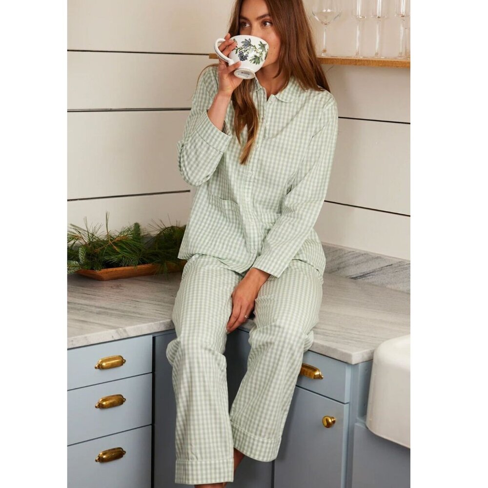 LAKE SOLD OUT Poplin Piped Pants Set in Aloe Gingham Sz M